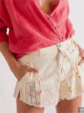 Free People High Waist Patchwork Cream Shorts
